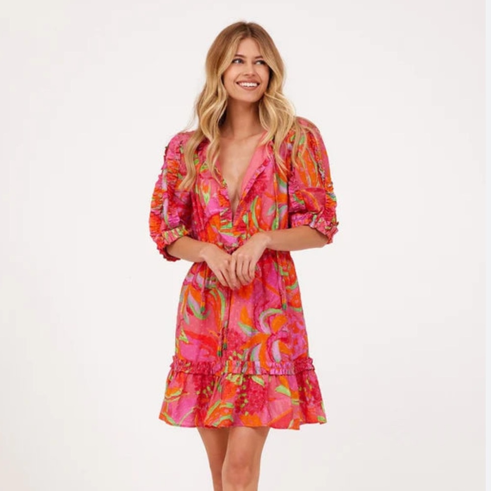 FARM Rio Pink and Orange Puff Sleeve Sundress